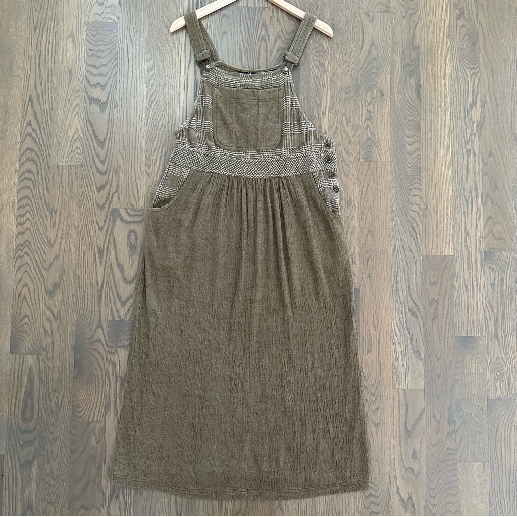 Vintage Carole Little Overall Dress In Brown Gauze With Tan Stitching 12p / L